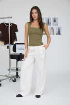 SQUARE NECK RUCHED DETAIL TOP - Olive