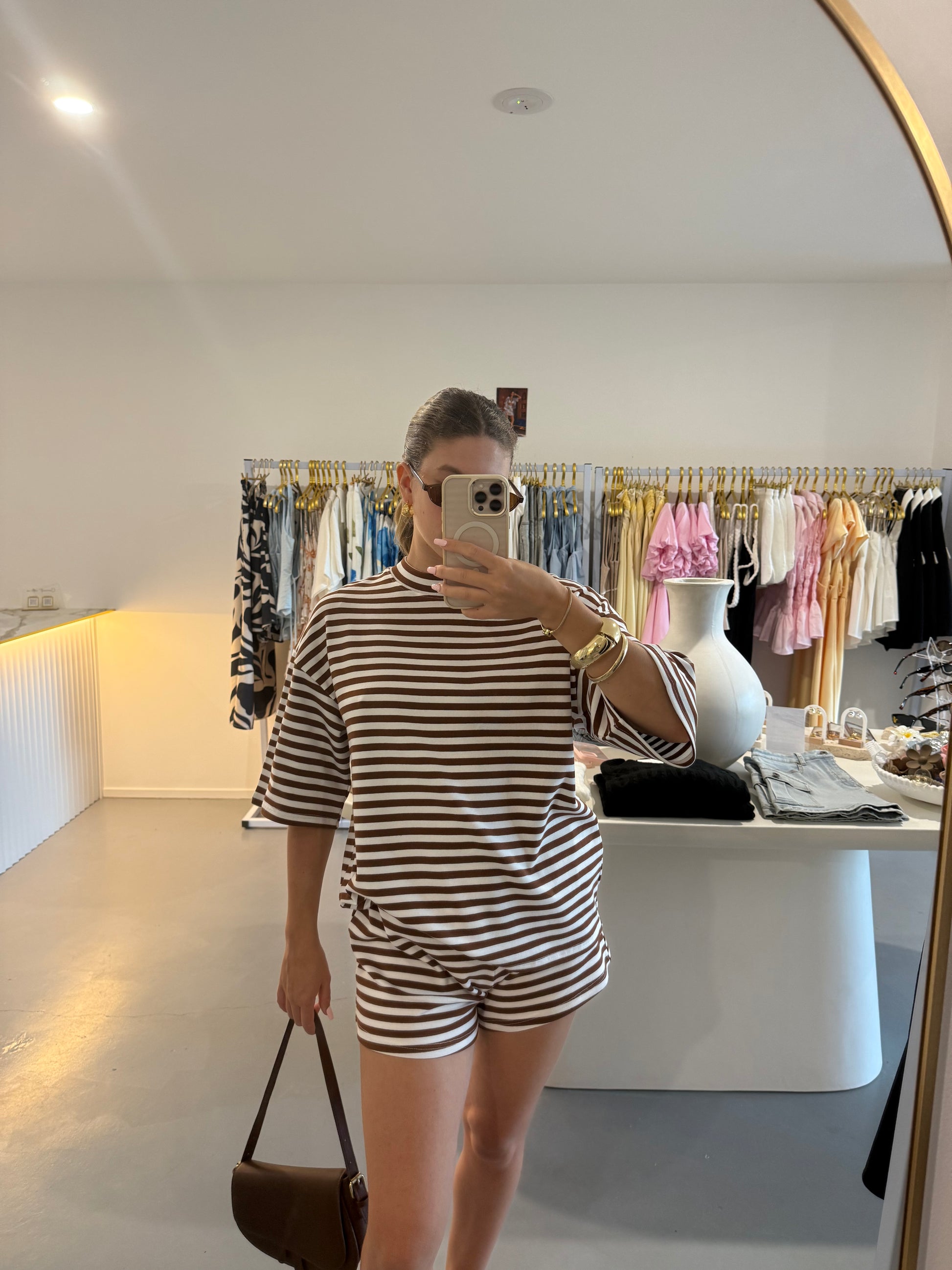 Brown stripe relaxed shorts