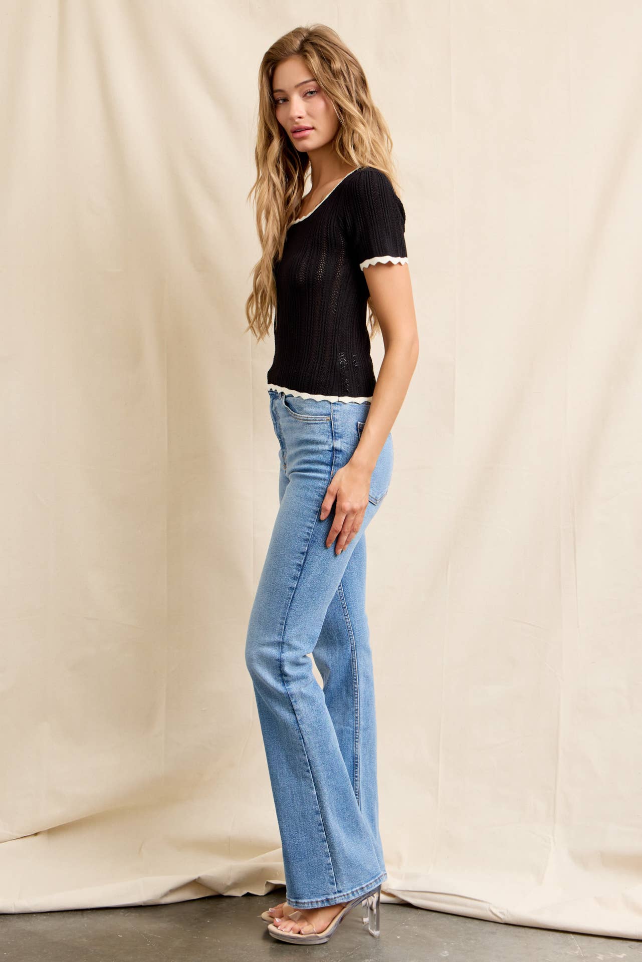 Pointelle Contrast Trim Top – Black + Off White