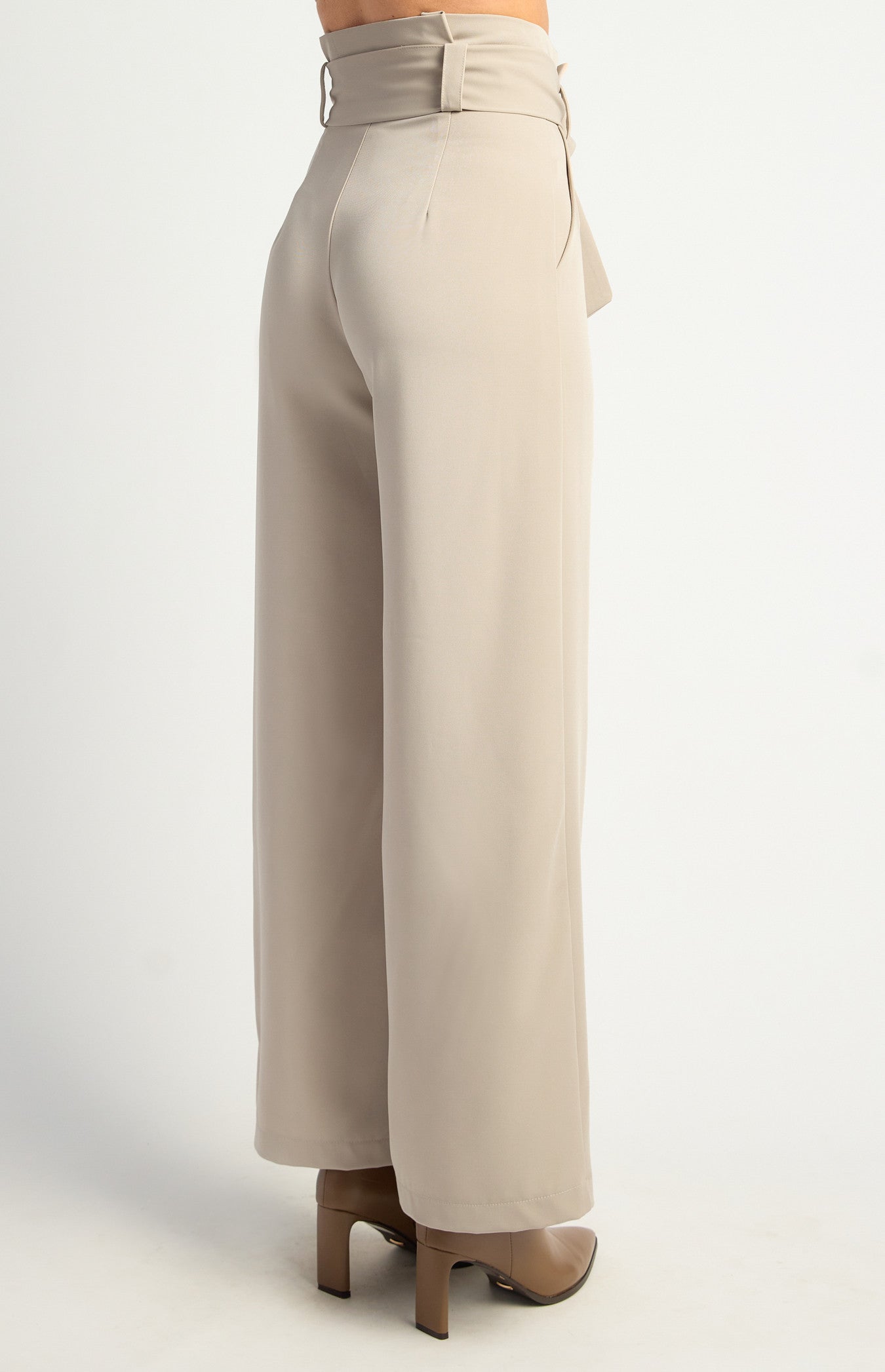 Beige paper bag waist wide leg pants
