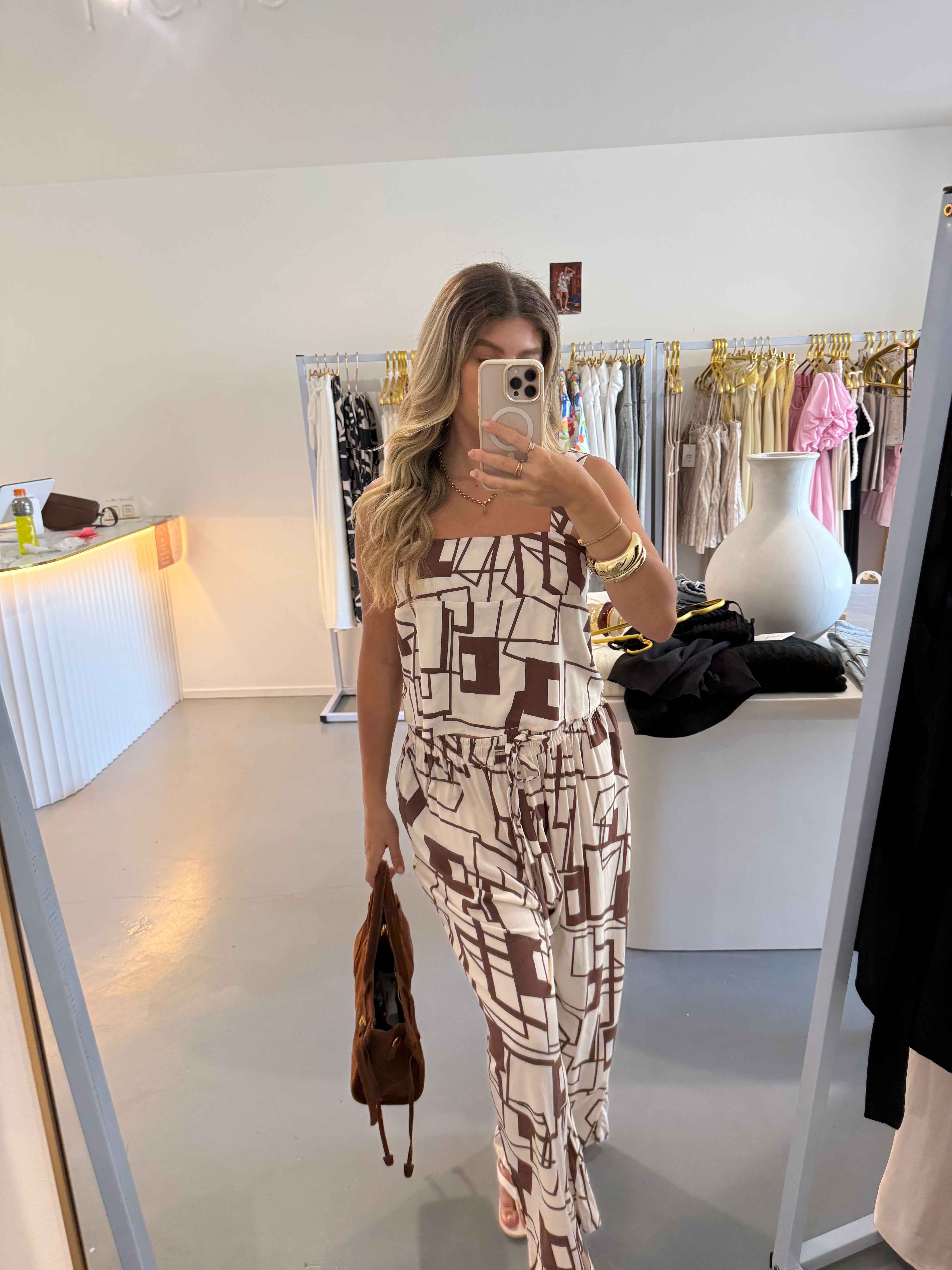Brown & cream abstract cropped top