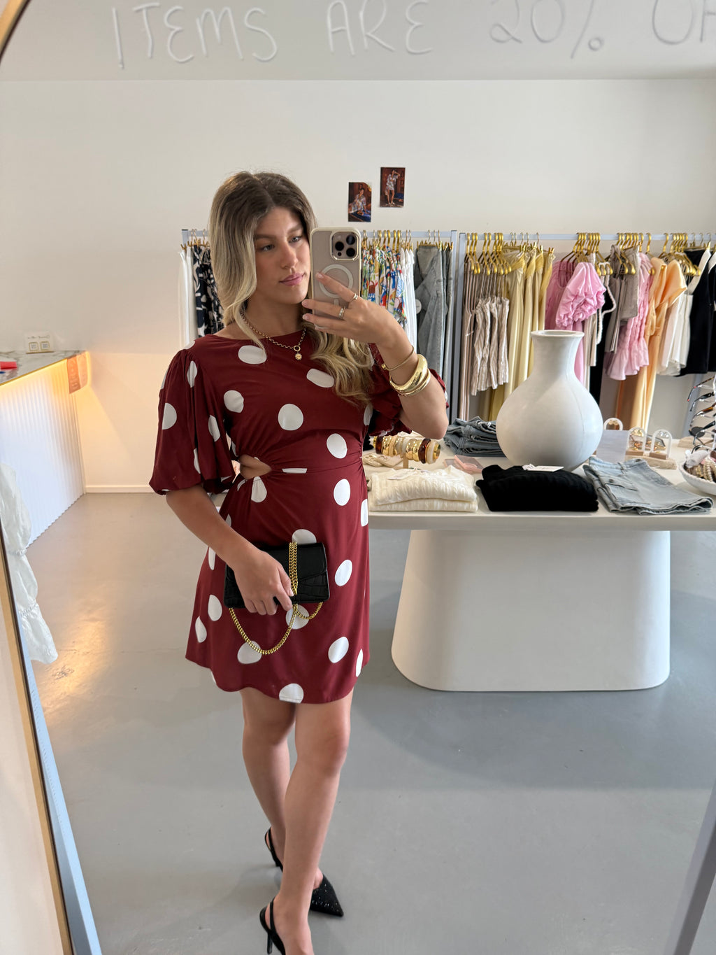 Wine red polka dot puff sleeve cut out dress