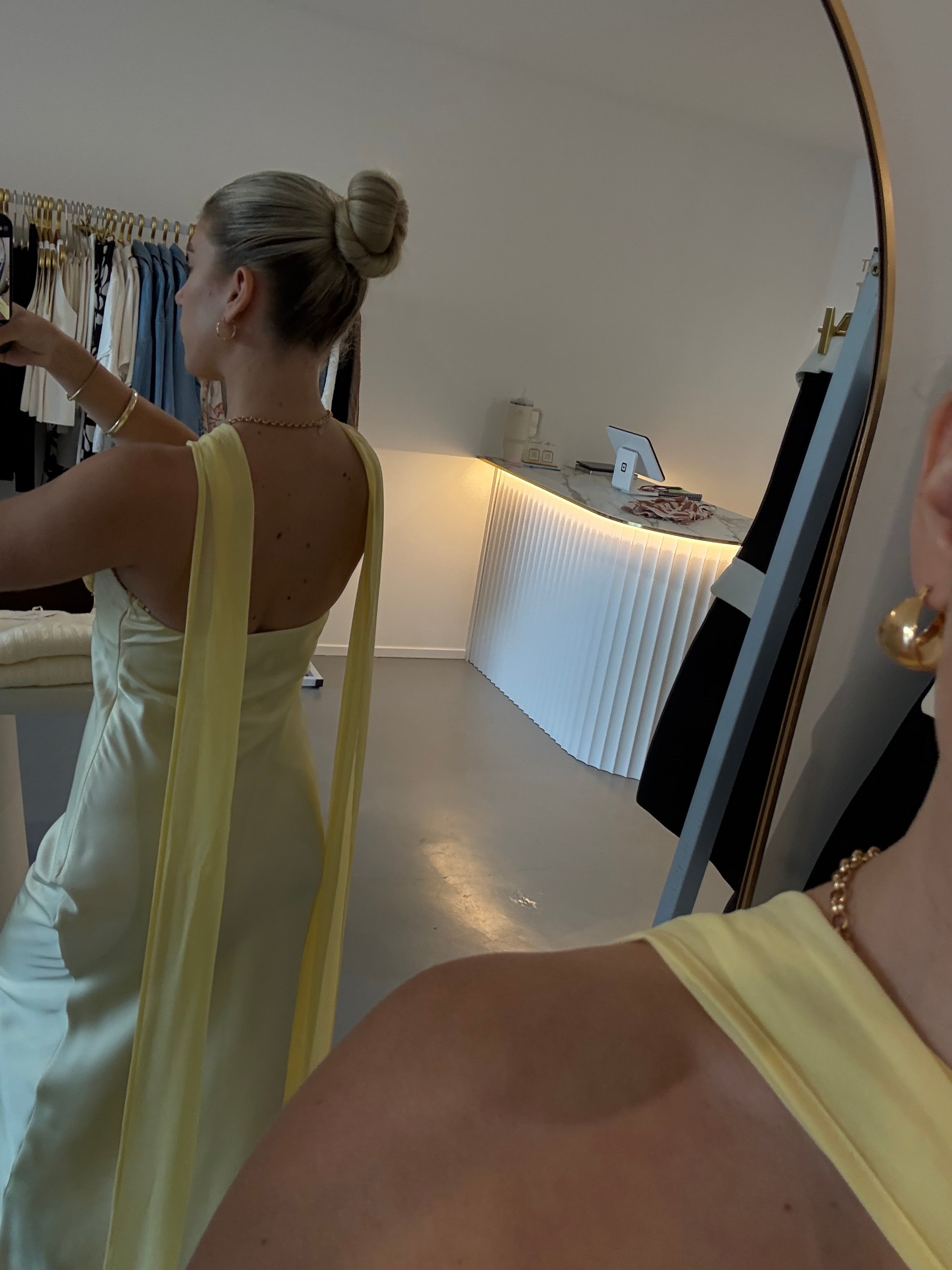 Soft lemon off-shoulder maxi dress