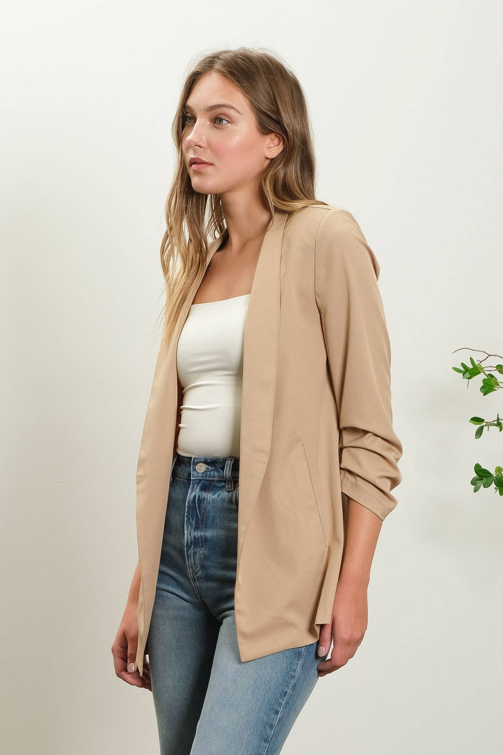 The Carley Collarless 3/4 Ruched Sleeve Longline Blazer