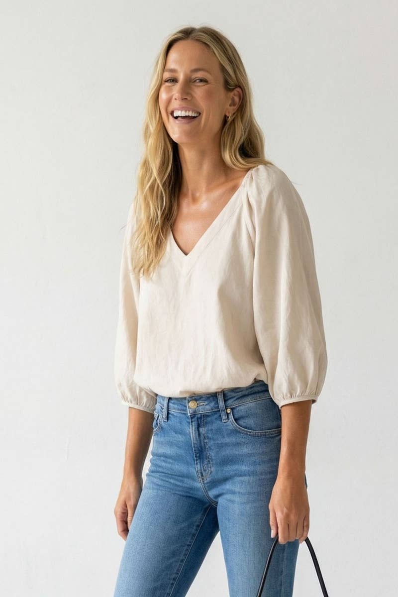 The Jessy Elastic Puff Sleeve V-neck Blouse - Pale Banana