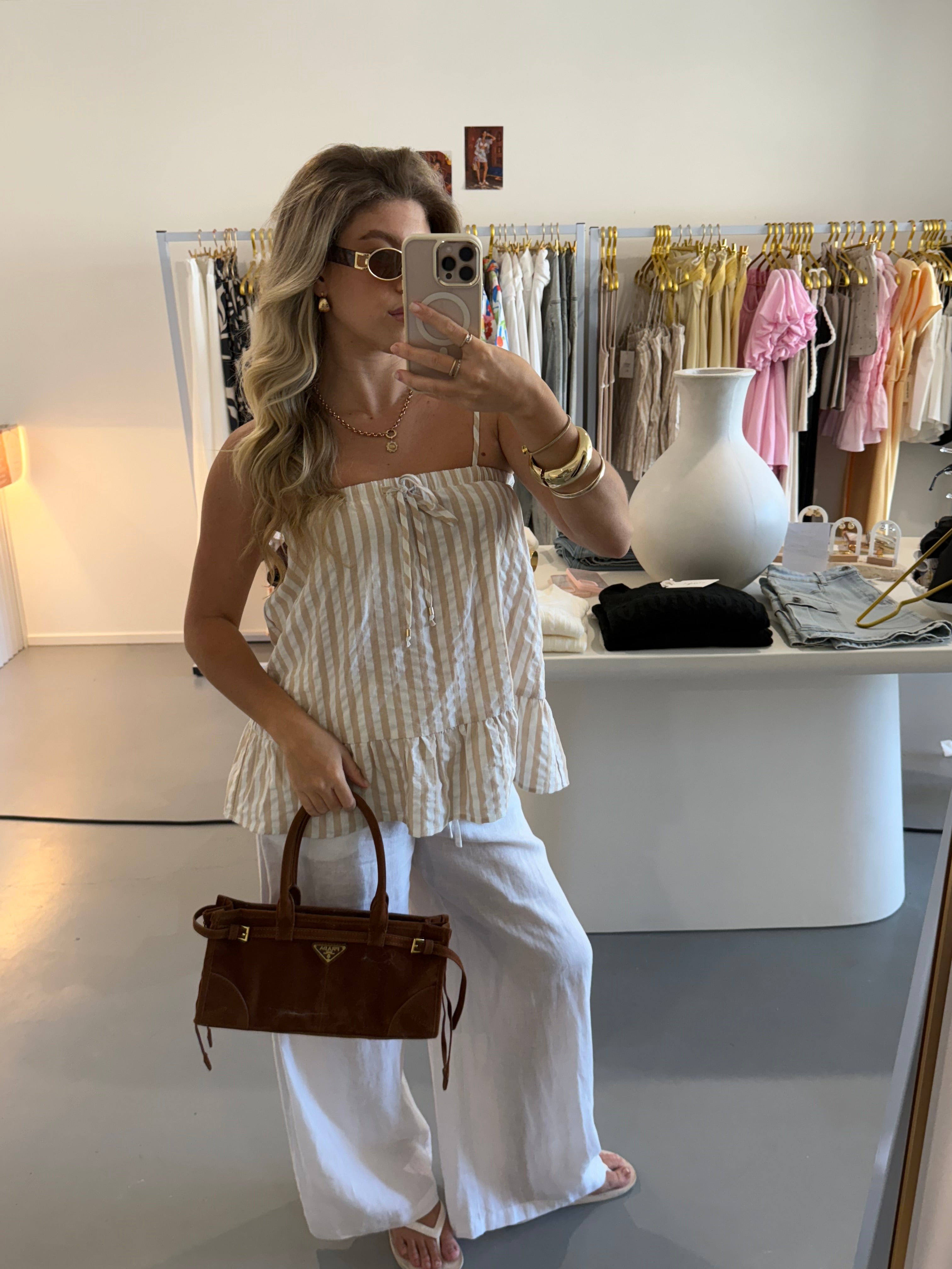 Beige stripe babydoll top