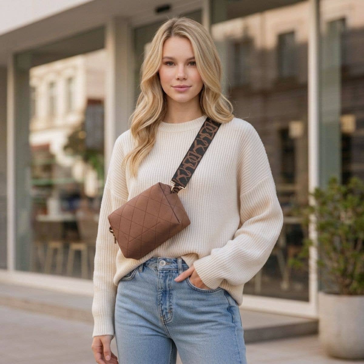 Diamond Stitch Crossbody Bag - BROWN