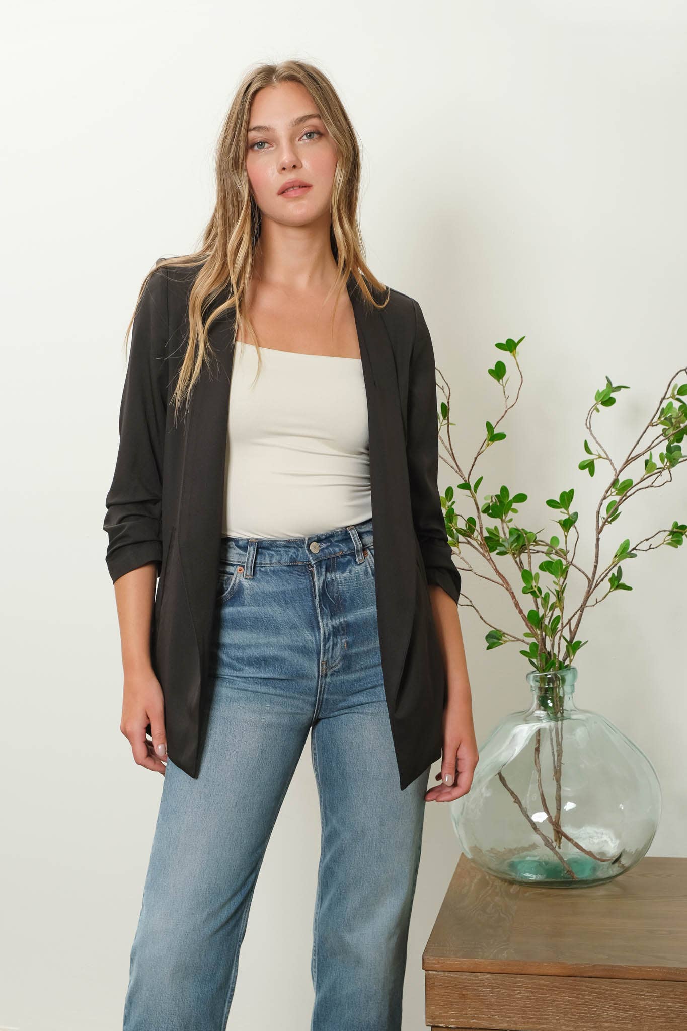 The Bailey Collarless 3/4 Ruched Sleeve Longline Blazer
