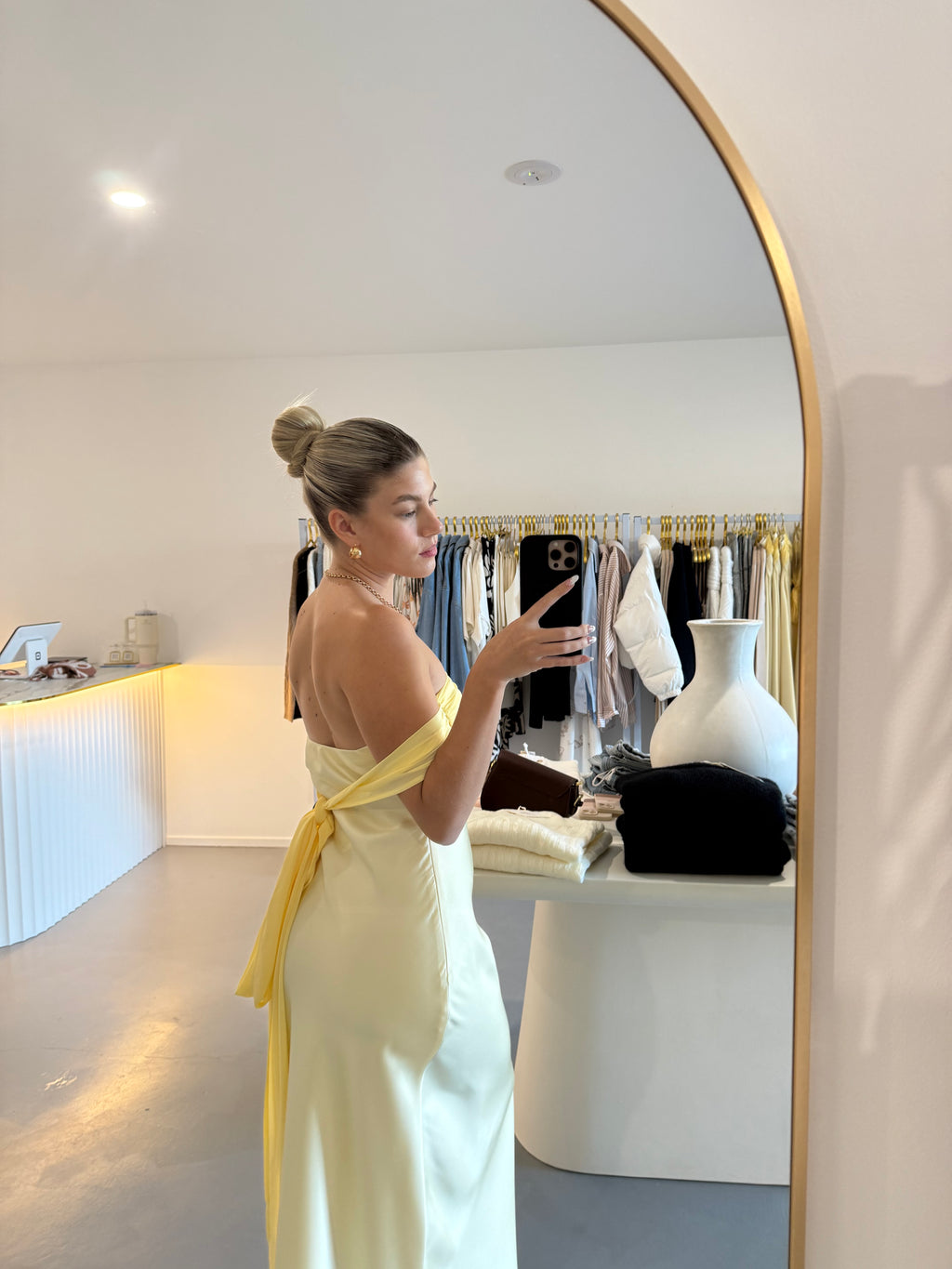 Soft lemon off-shoulder maxi dress
