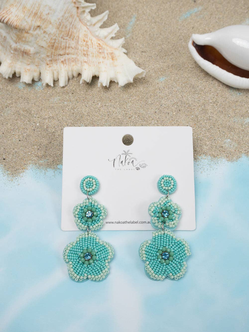 Flower Duo Beaded Earrings - Turquoise & Light Blue