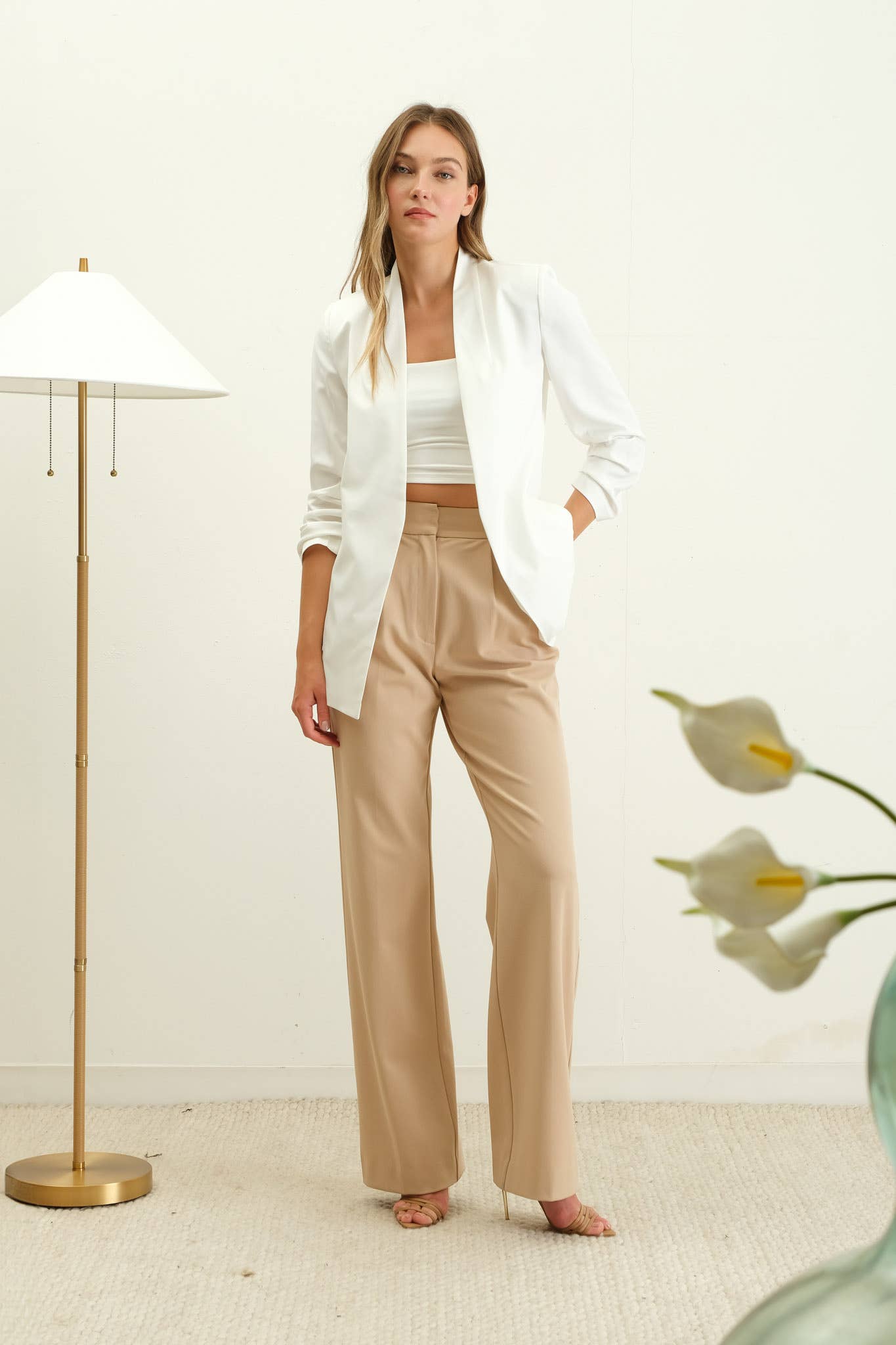 The Ashley Collarless 3/4 Ruched Sleeve Longline Blazer