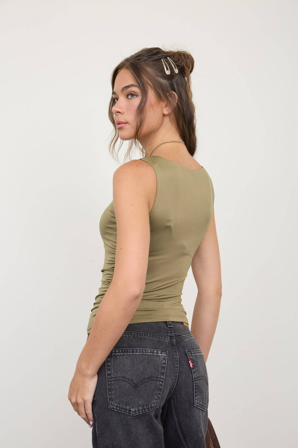 Olive Boat Neck Ruched Tank
