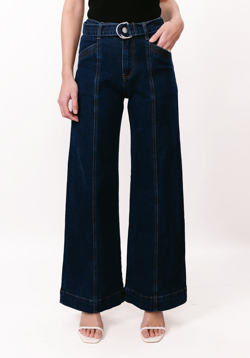 Indigo Front Seam Belted Denim Jean