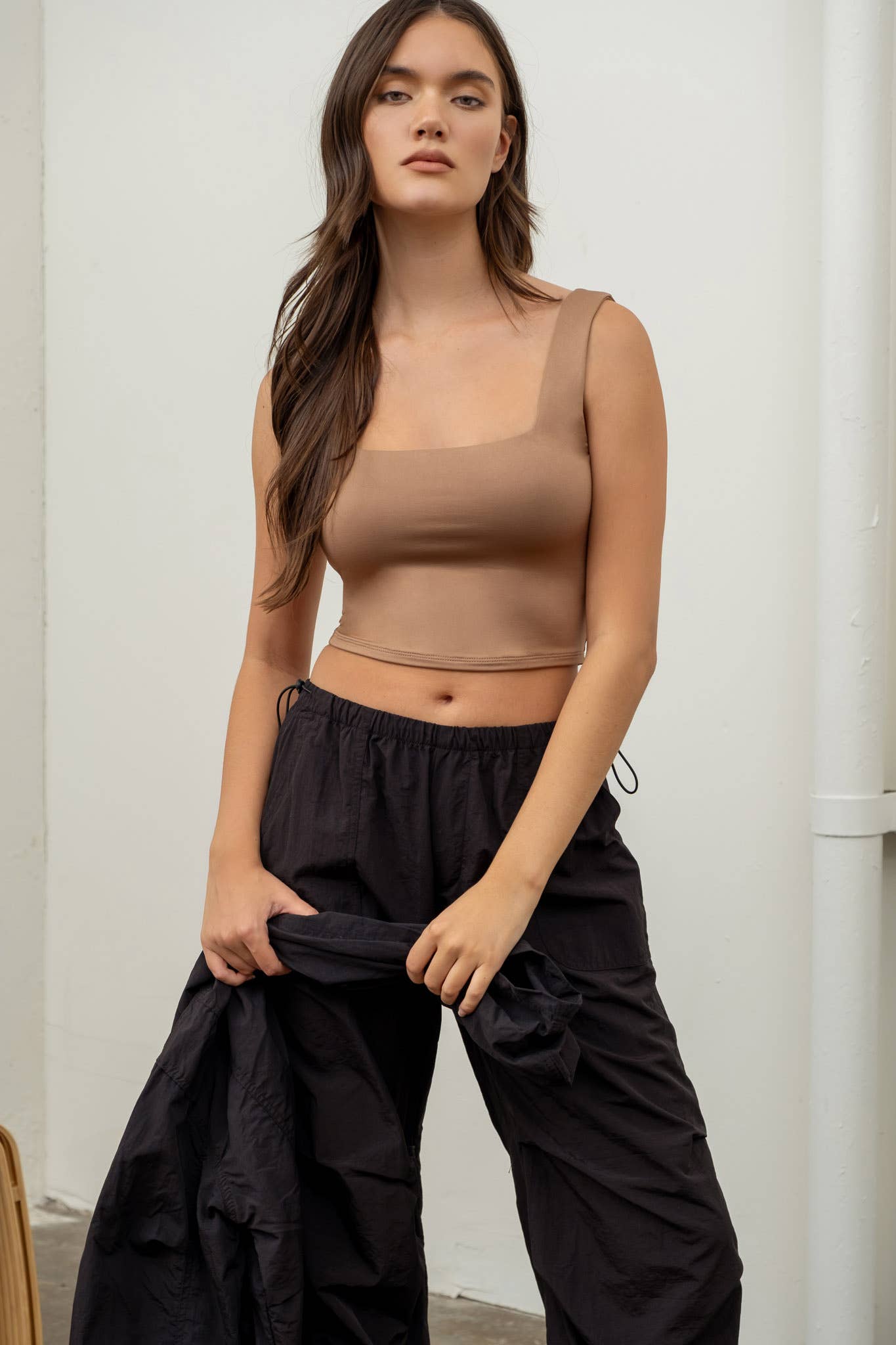 Cropped Square Neck Tank - Chocolate / Mocha / White