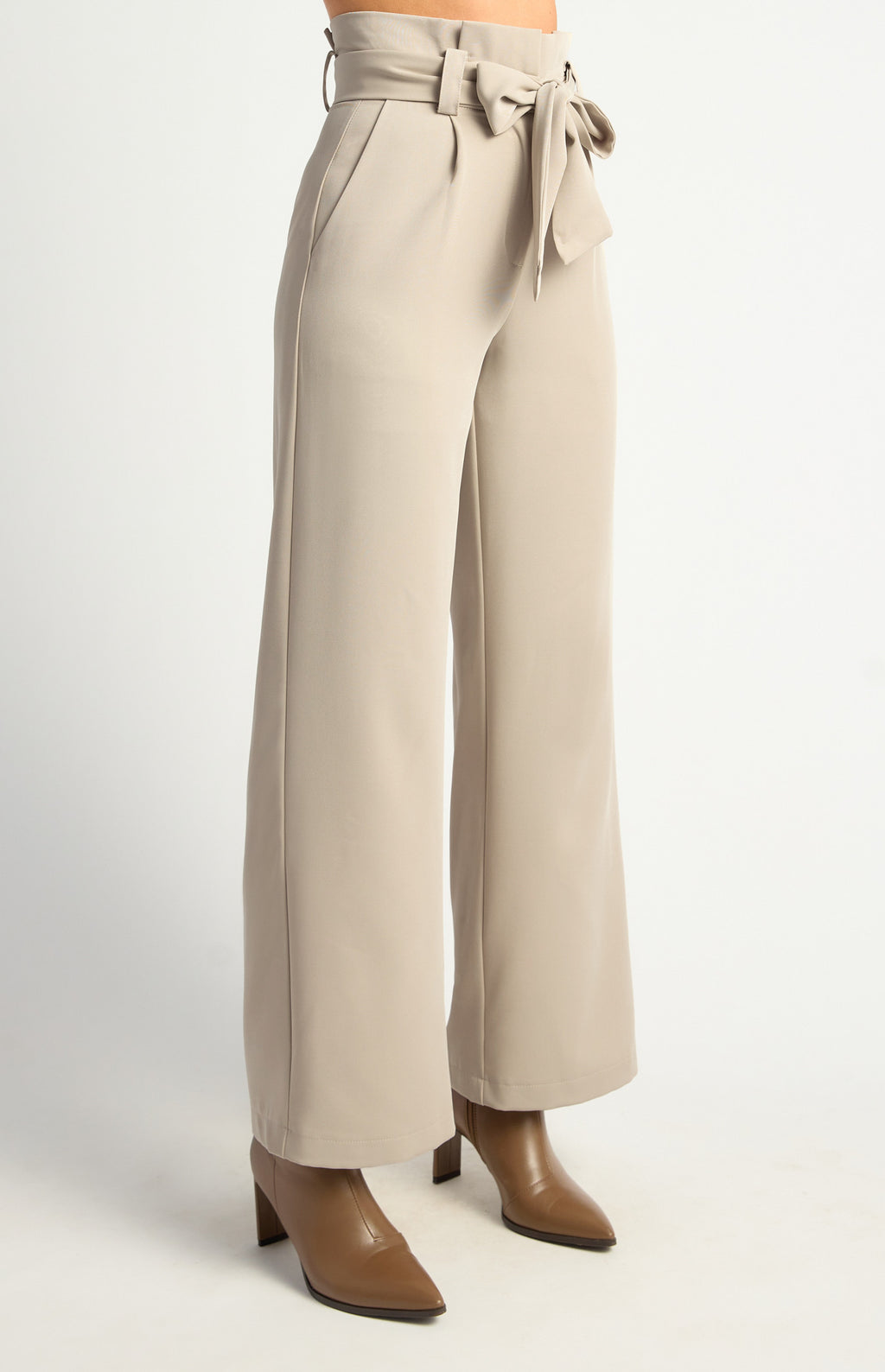 Beige paper bag waist wide leg pants