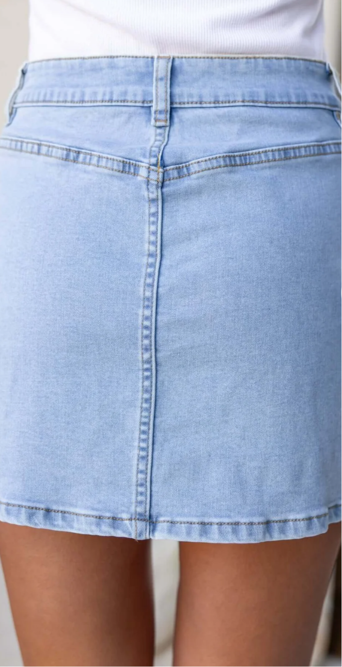 Light wash denim mini skirt