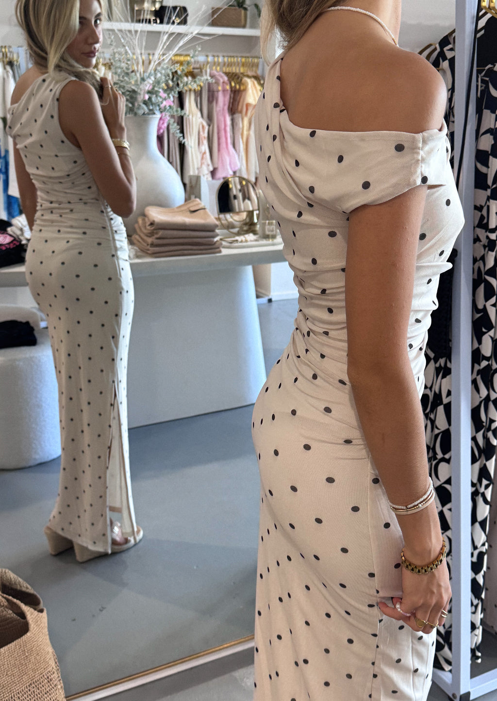 Polkadot Print Asymmetric Neckline Mesh Dress – Cream/Black