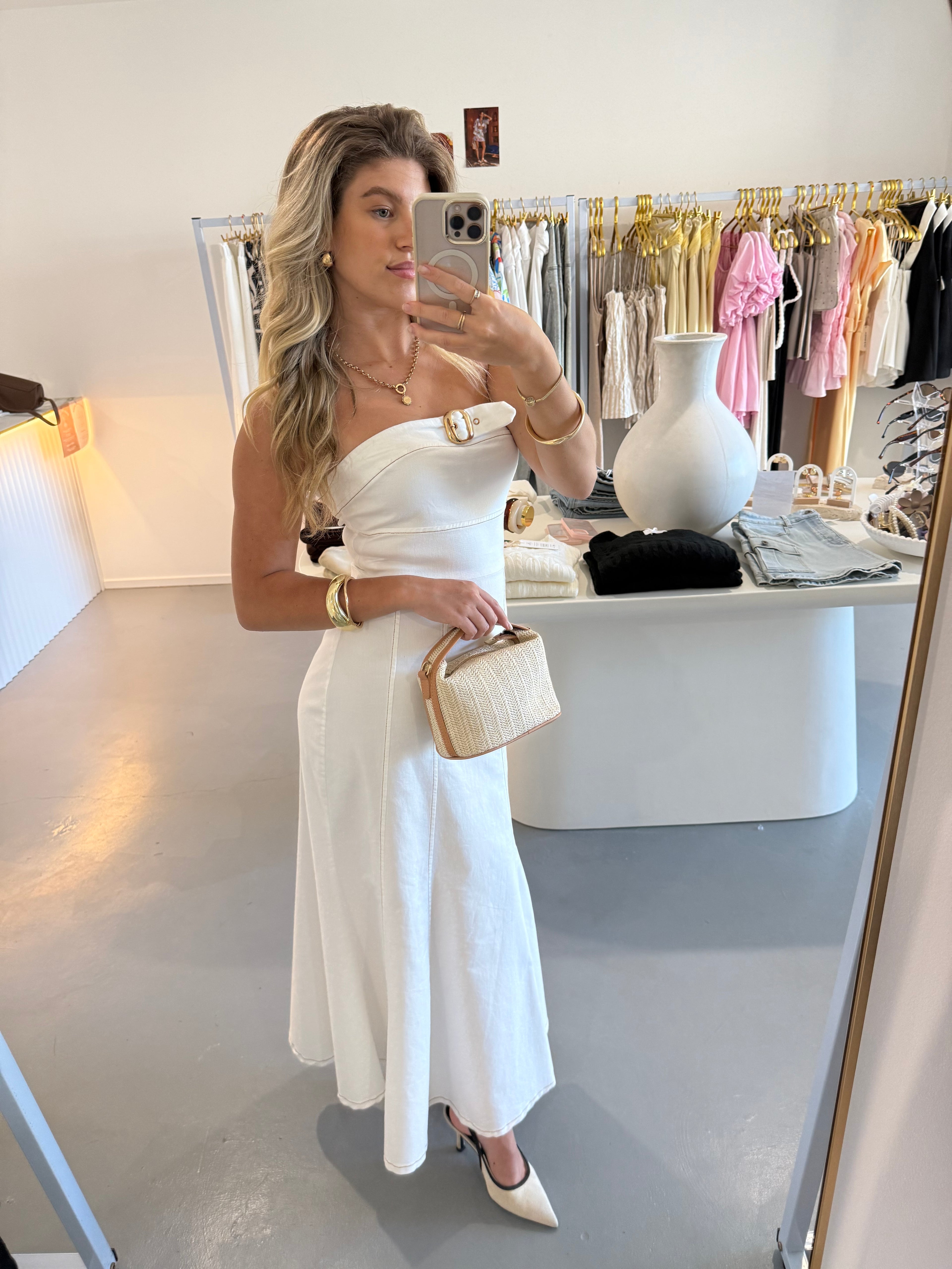 Strapless gold buckle maxi dress