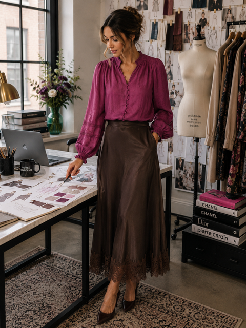 Chocolate Satin Maxi Skirt with Lace Trim