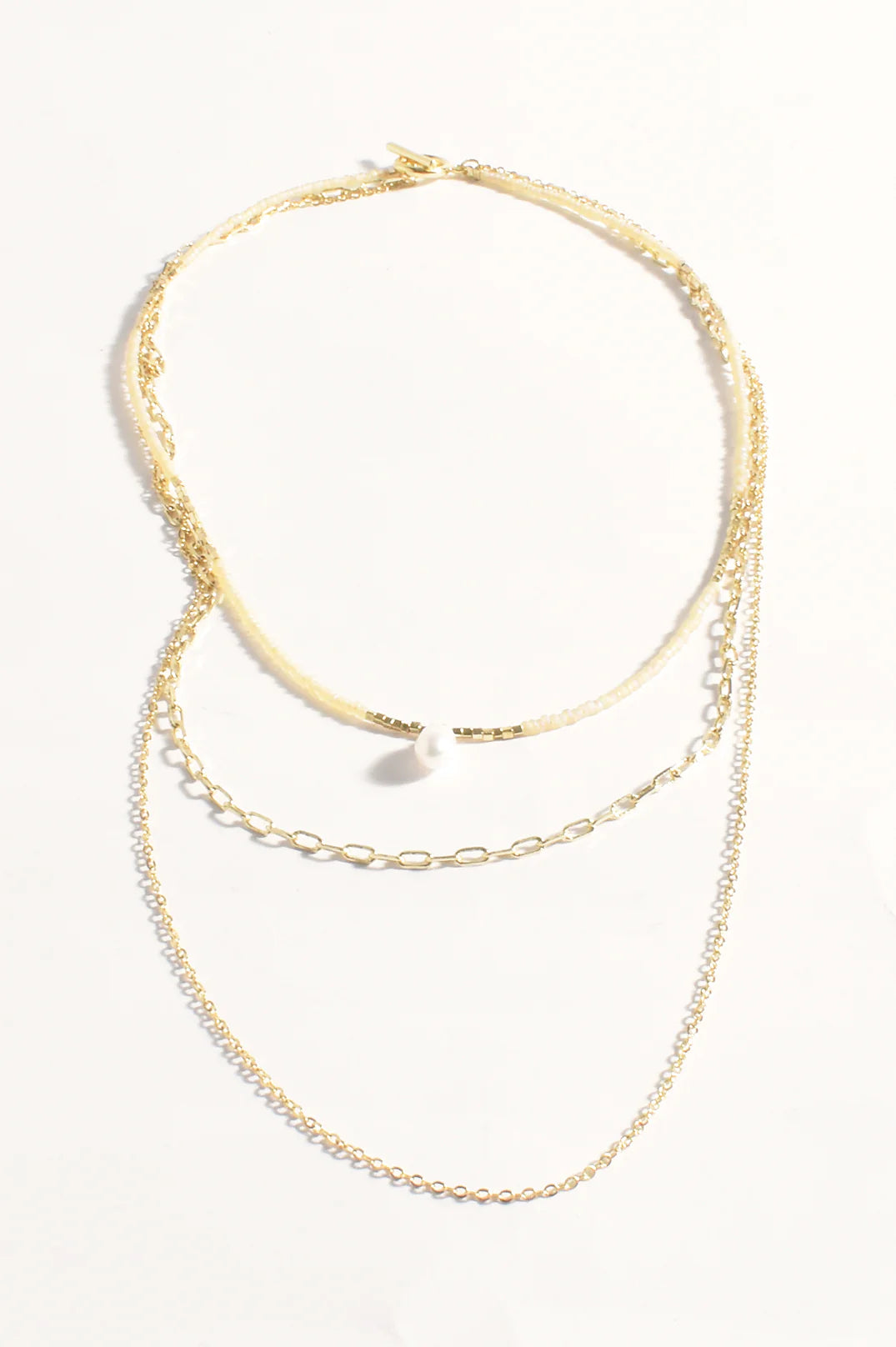 Layered Bead Pearl and Chain Necklace (Camel & Gold)