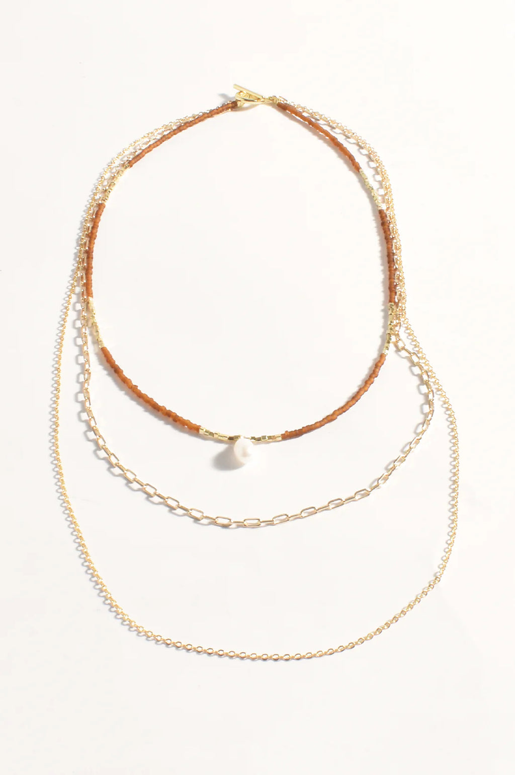 Layered Bead Pearl and Chain Necklace (Tan & Gold)
