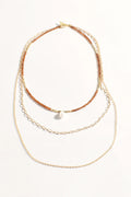 Layered Bead Pearl and Chain Necklace (Tan & Gold)