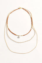 Layered Bead Pearl and Chain Necklace (Tan & Gold)