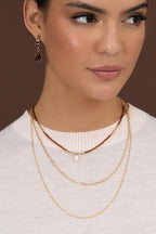 Layered Bead Pearl and Chain Necklace (Tan & Gold)