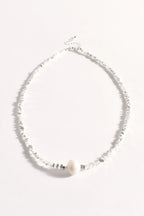 Metal Chip and Pearl Short Necklace - Silver