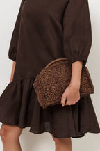 Patterned Curved Paper Weave Clutch - Chocolate