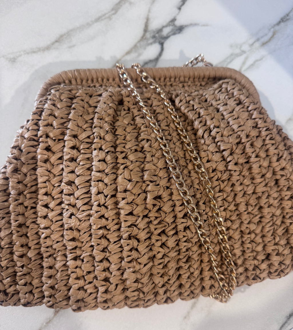 Paper Weave Gatherred Clutch in Camel/Gold