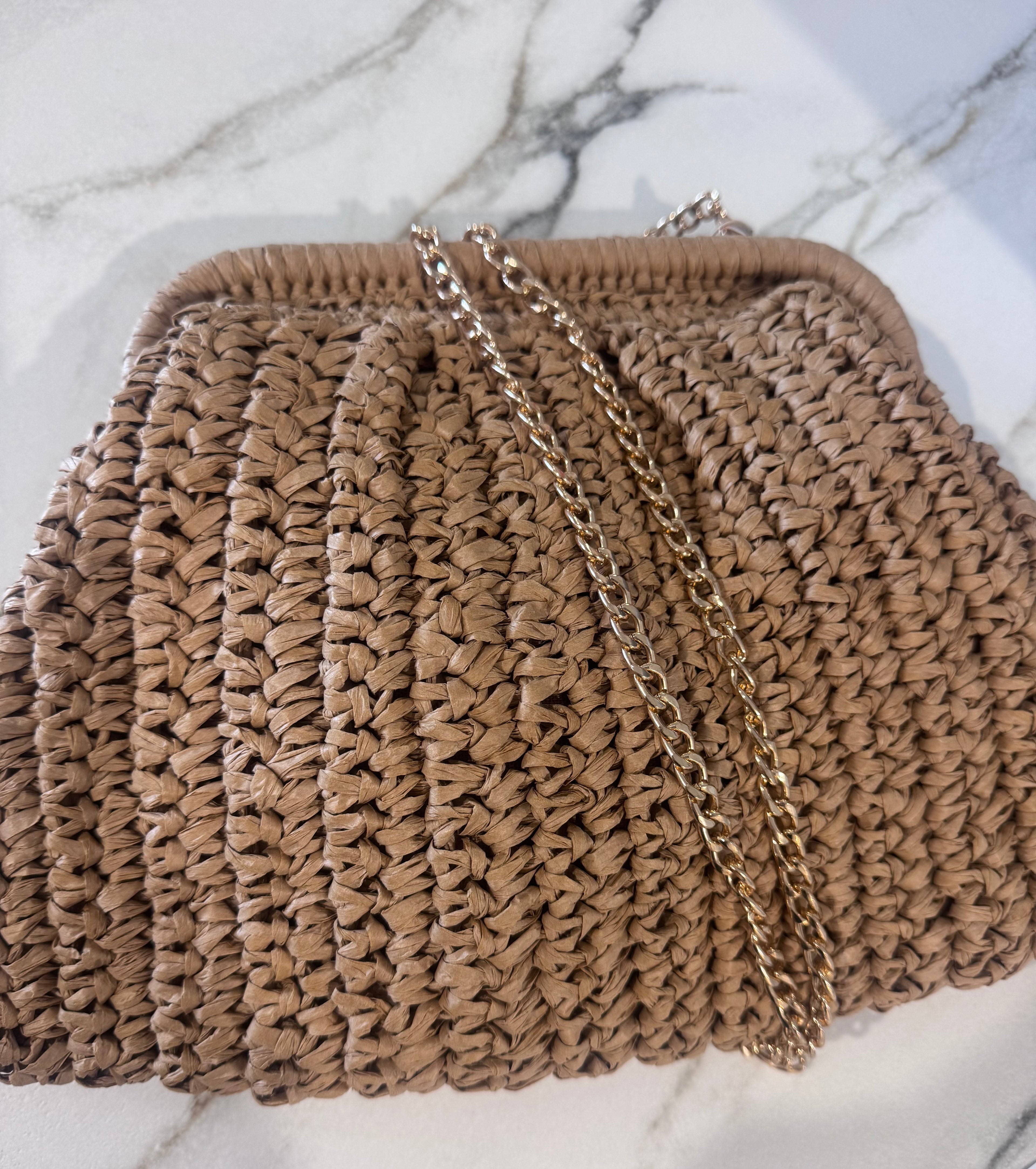 Paper Weave Gatherred Clutch in Camel/Gold