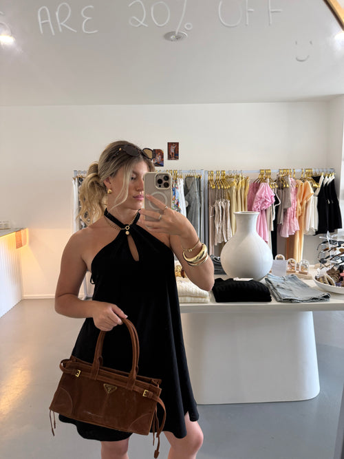 Black halter mini dress