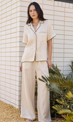 Black trim linen button up top - Cream