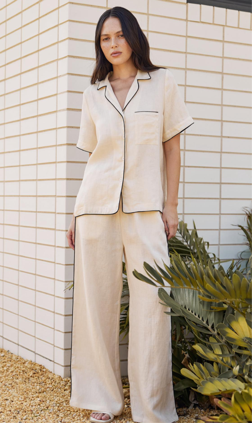 Black trim linen button up top - Cream