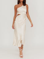 Champagne One-Shoulder Satin Dress