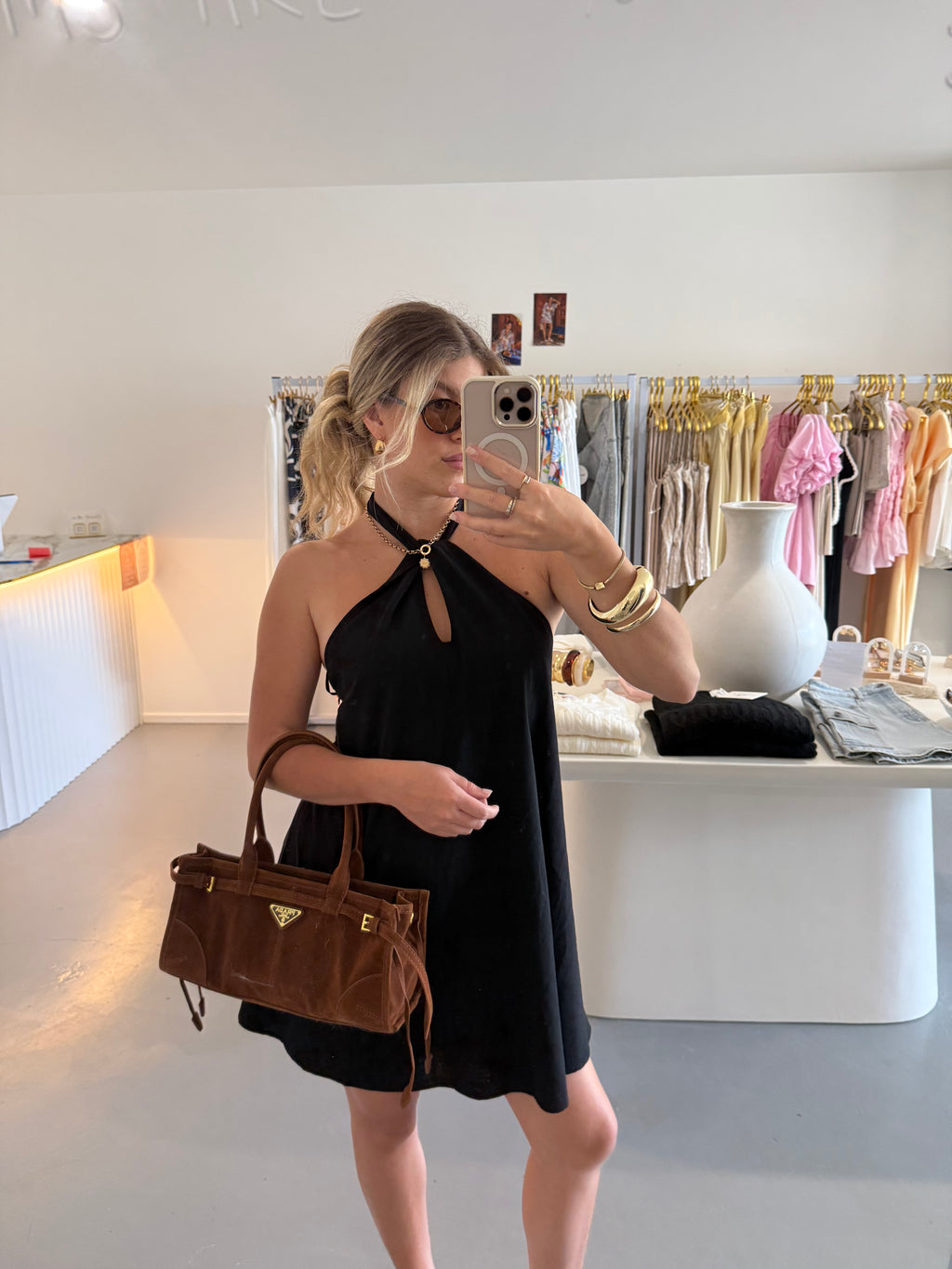 Black halter mini dress
