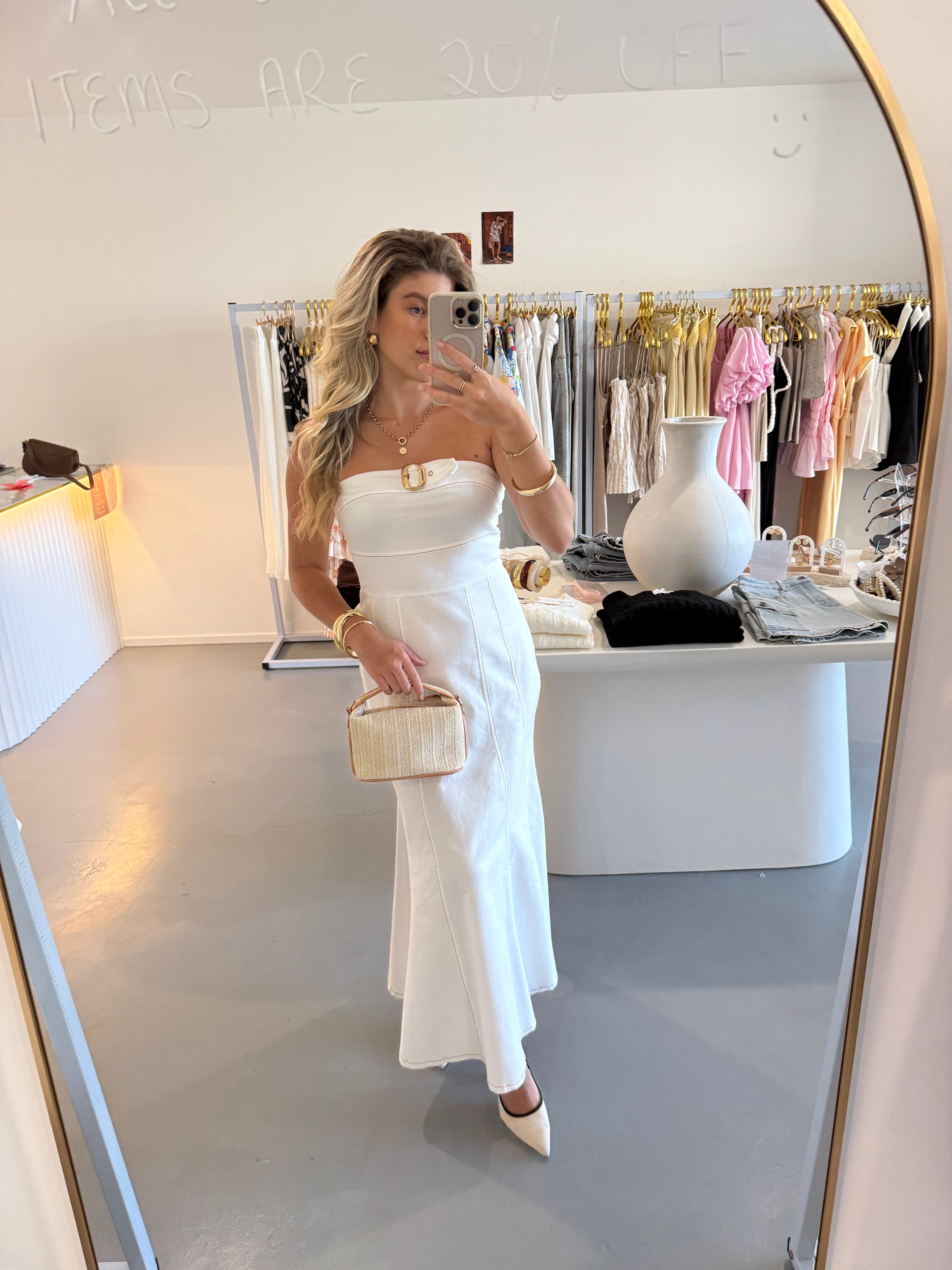 Strapless gold buckle maxi dress
