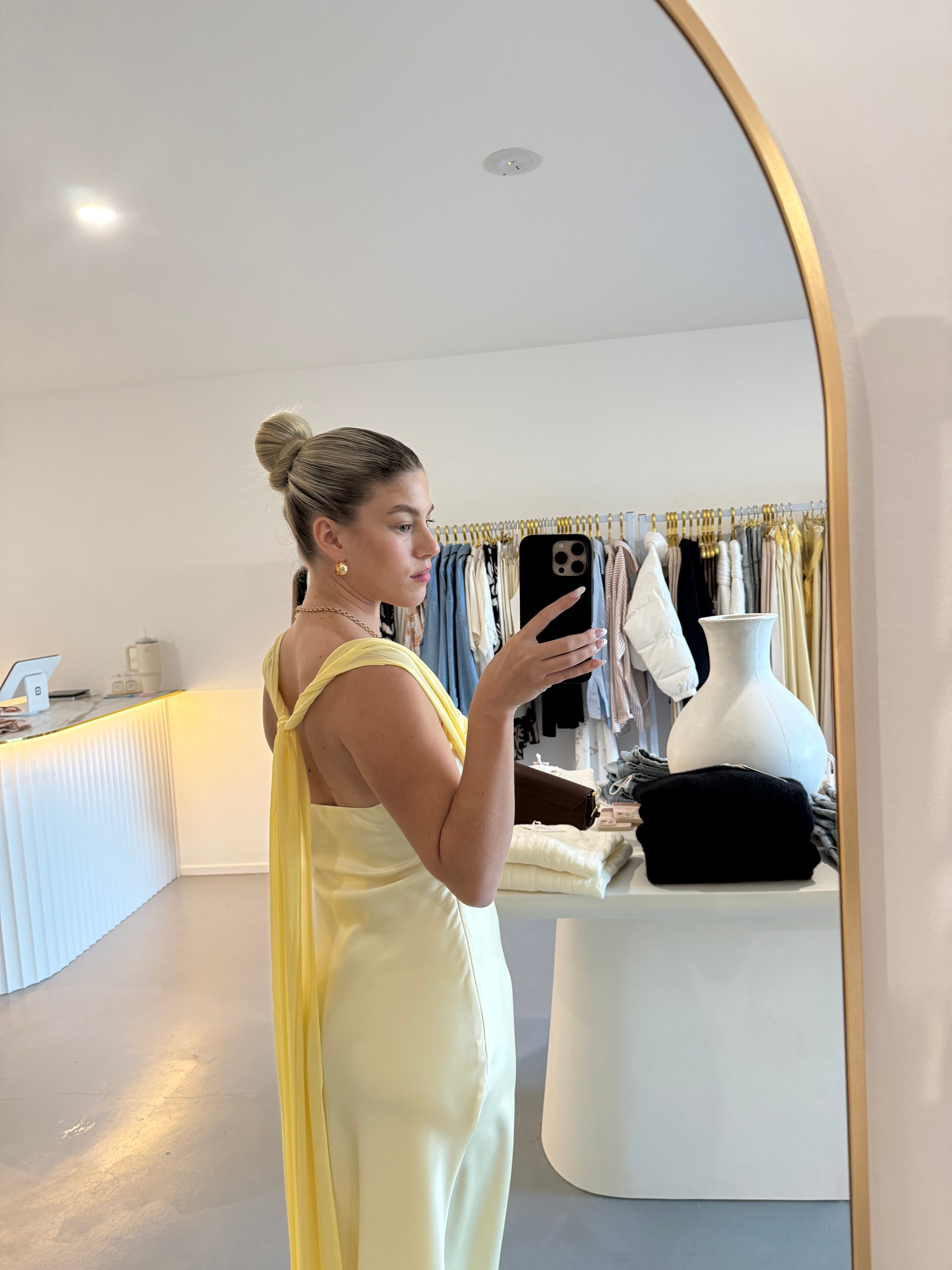 Soft lemon off-shoulder maxi dress