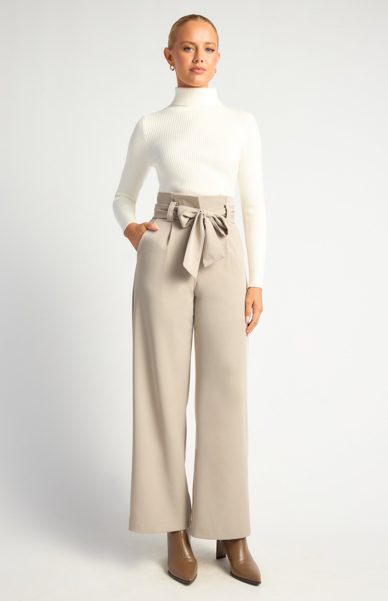 Beige paper bag waist wide leg pants