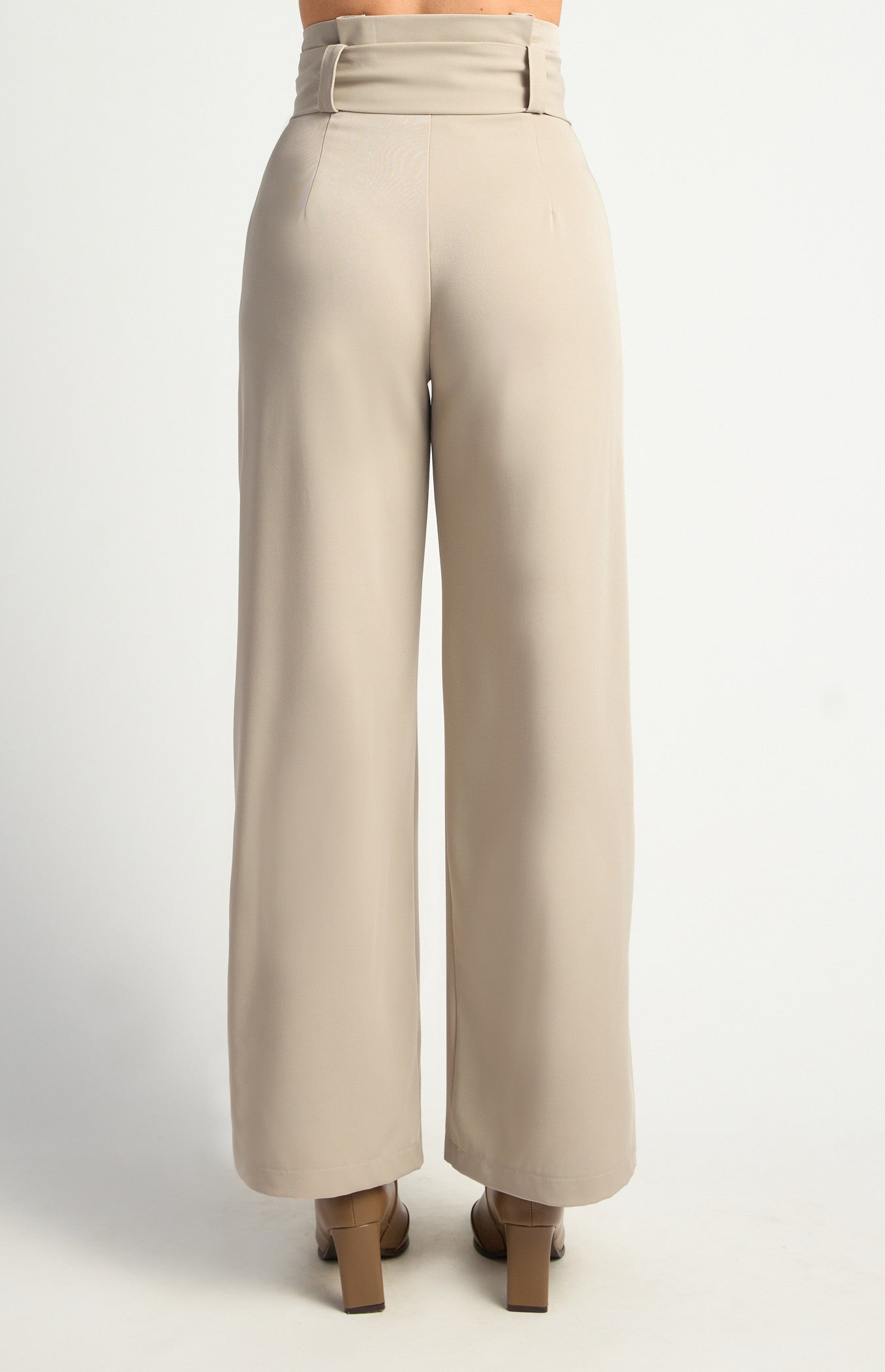 Beige paper bag waist wide leg pants