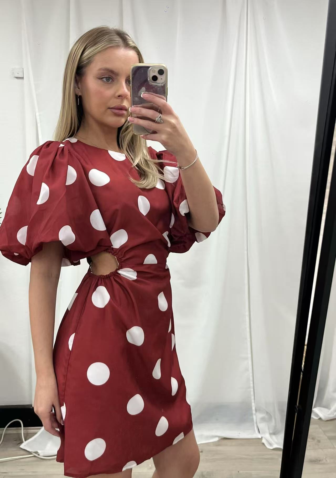 Wine red polka dot puff sleeve cut out dress