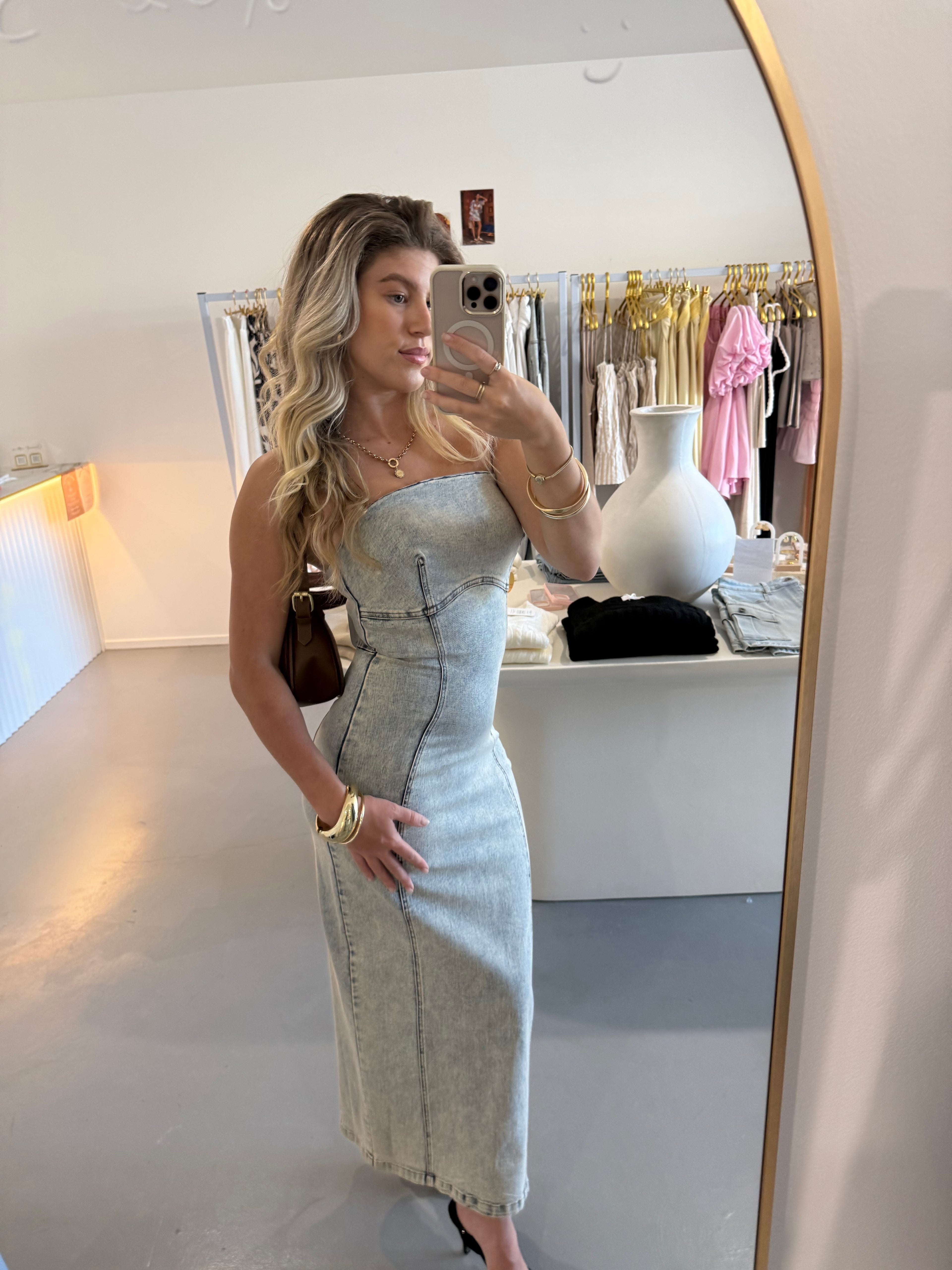 Denim strapless maxi