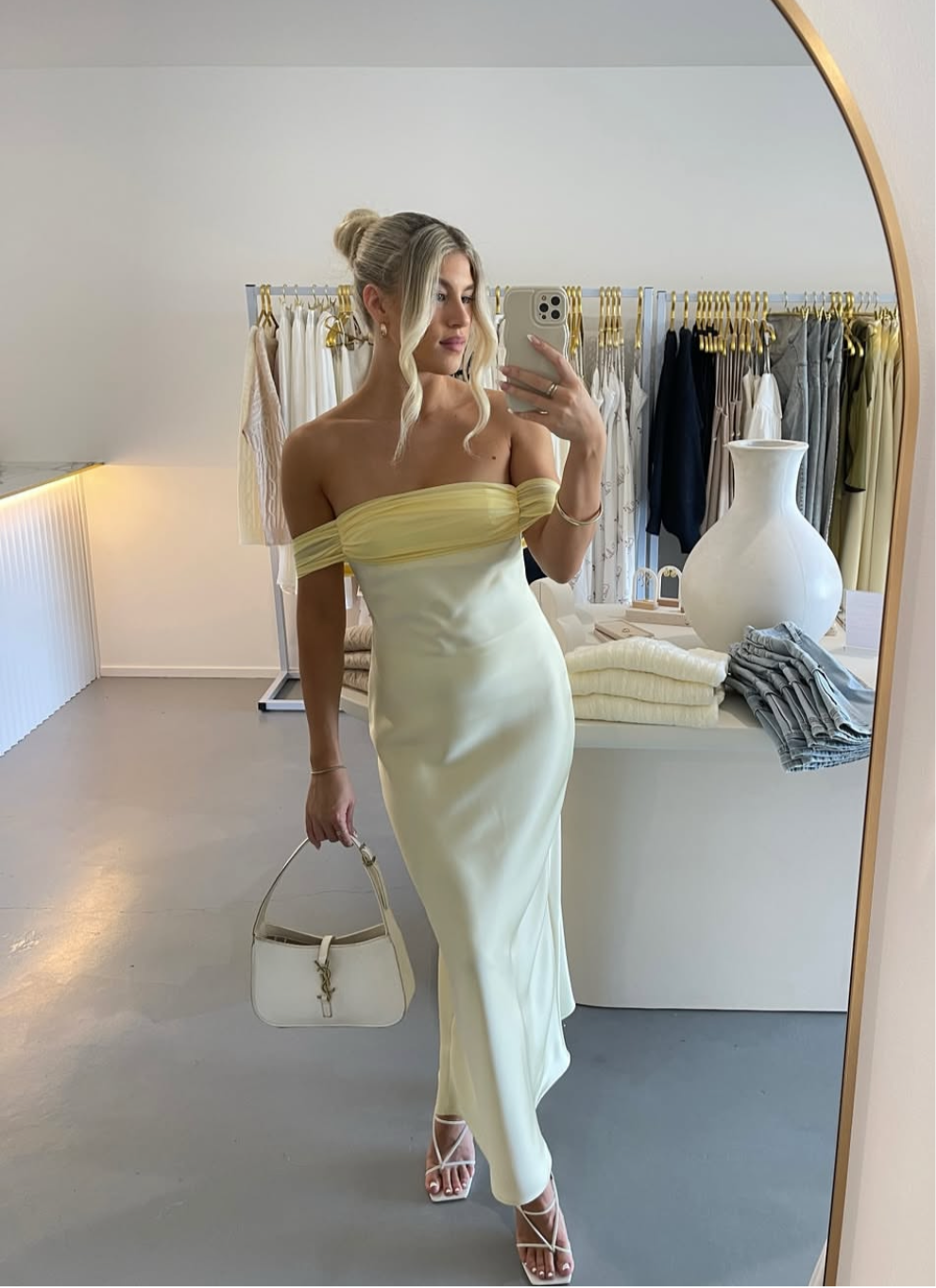 Soft lemon off-shoulder maxi dress