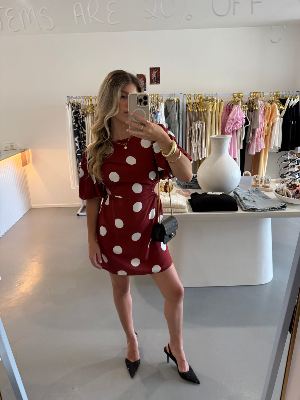 Wine red polka dot puff sleeve cut out dress