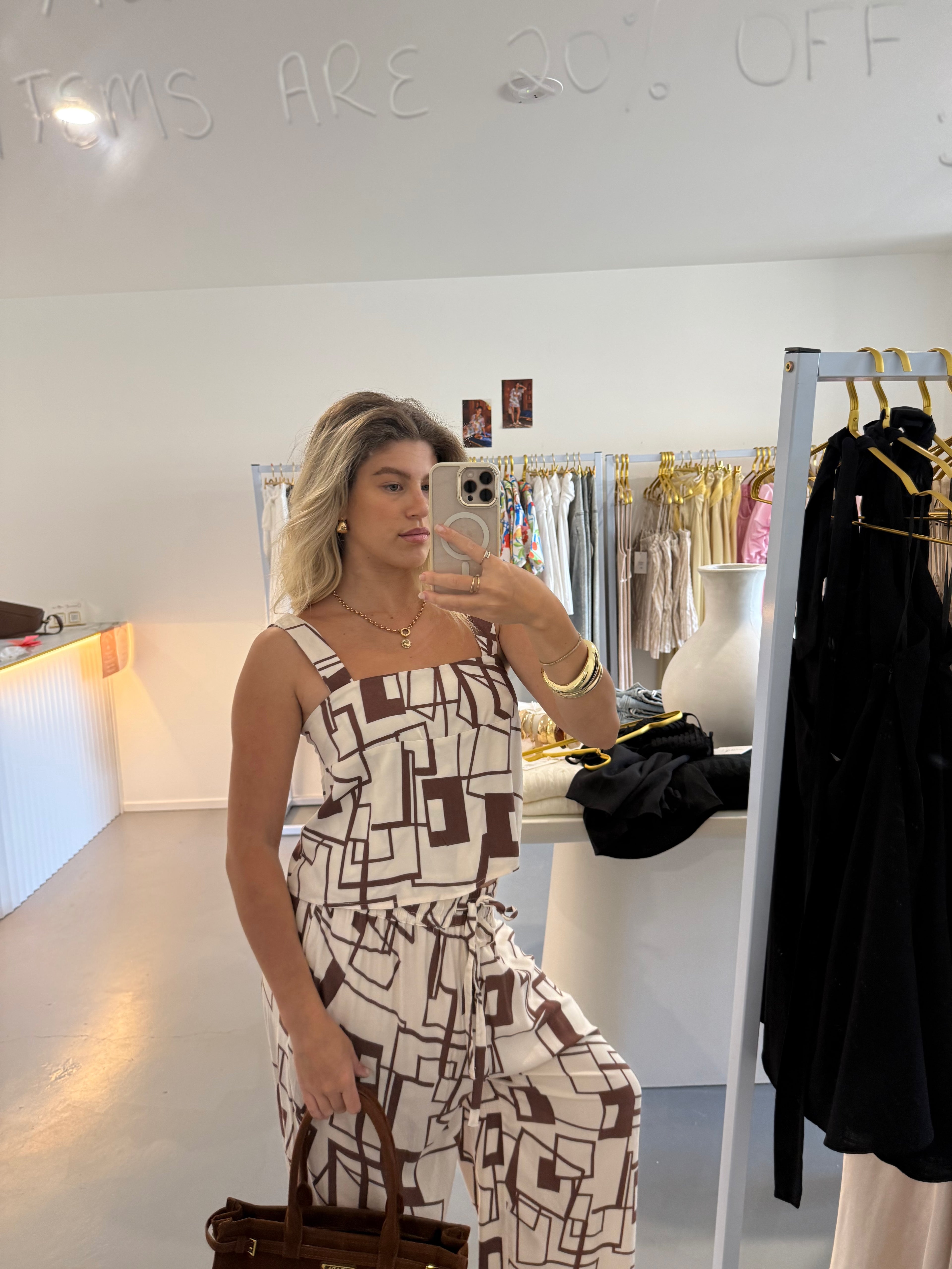 Brown & cream abstract cropped top