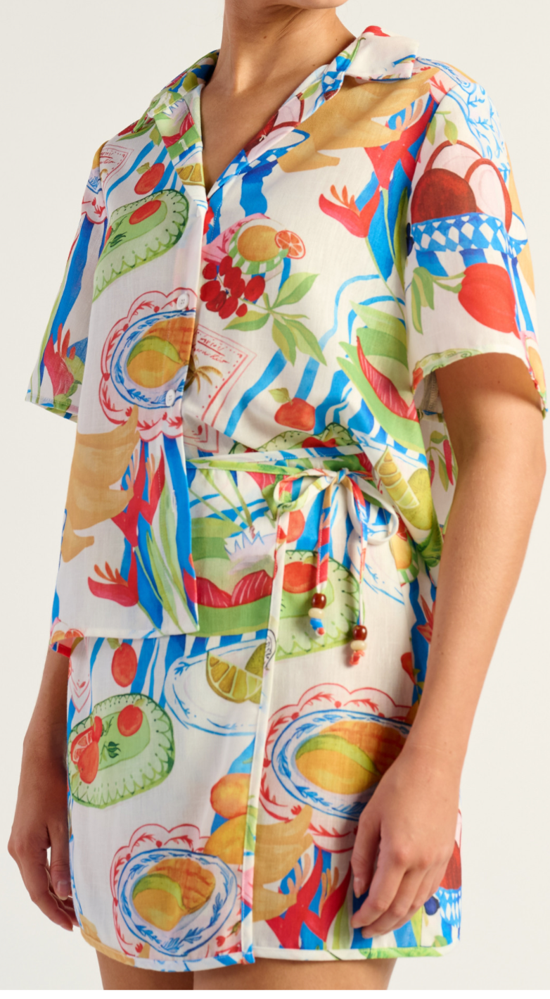 Fiesta print wrap skirt with beaded tie