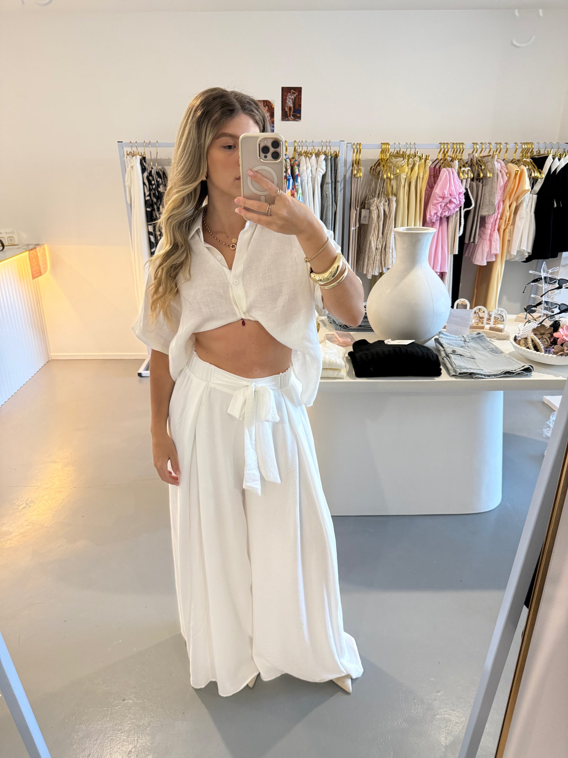 Tie-up pleated linen pant - white