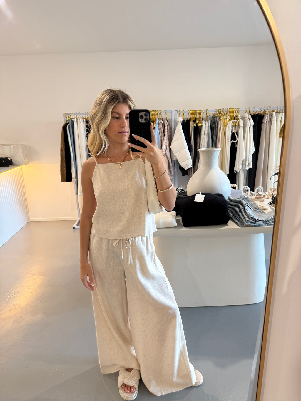 Beige linen strappy top
