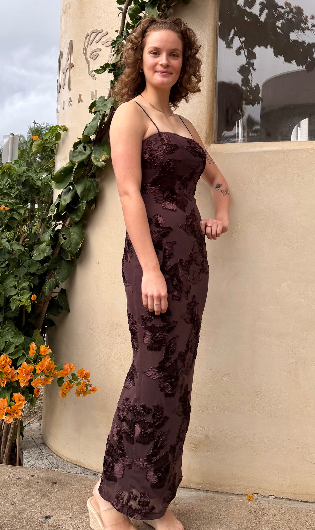 Chocolate Mesh Floral Maxi Dress